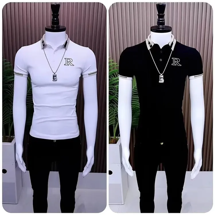 时尚轻奢字母刺绣POLO衫男夏季高端珠地棉翻领男t恤帅气修身短袖