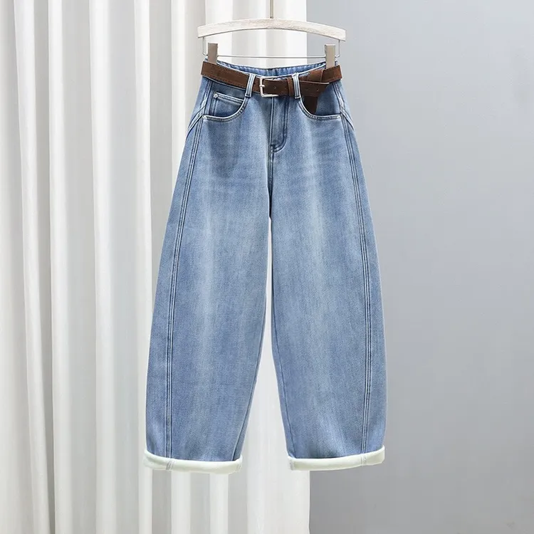 2025新款秋冬加绒加厚牛仔裤女浅蓝色宽松显瘦高腰哈伦裤潮老爹裤