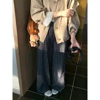 【西西里安】 松弛有度~ 韩版复古灰蓝调阔腿格子裤