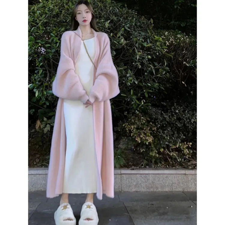 FAVMARTHA孕妇装套装中长粉红色针织夹克下摆与温暖的毛衣新秋冬