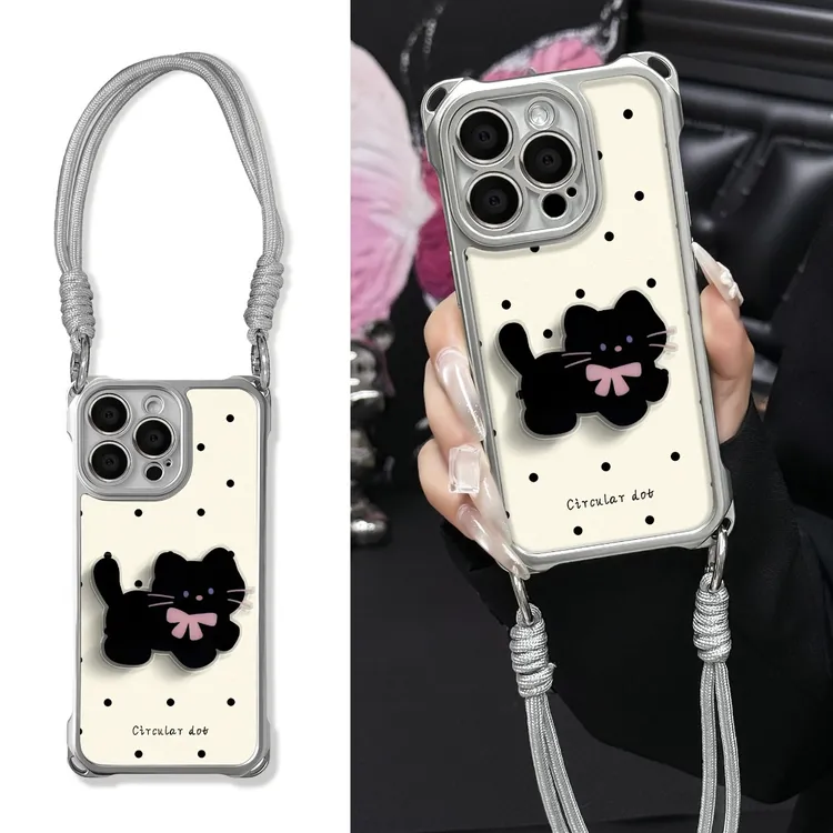 BANCA波点黑猫支架适用苹果16/15华为OPPO小米VIVO四角挂绳手机壳