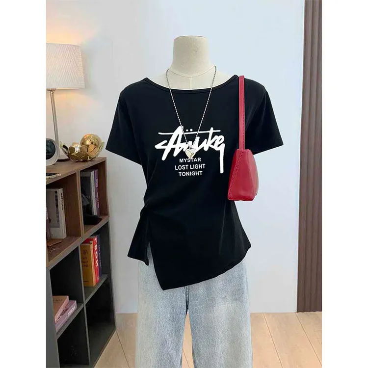 小众设计感2025新款开叉短袖t恤女时尚百搭收腰黑色显瘦上衣夏季