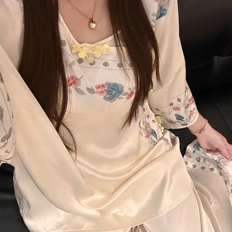 新中式甜美花边七分袖冰丝睡衣女2025夏季国风宽松长裤居家服套装