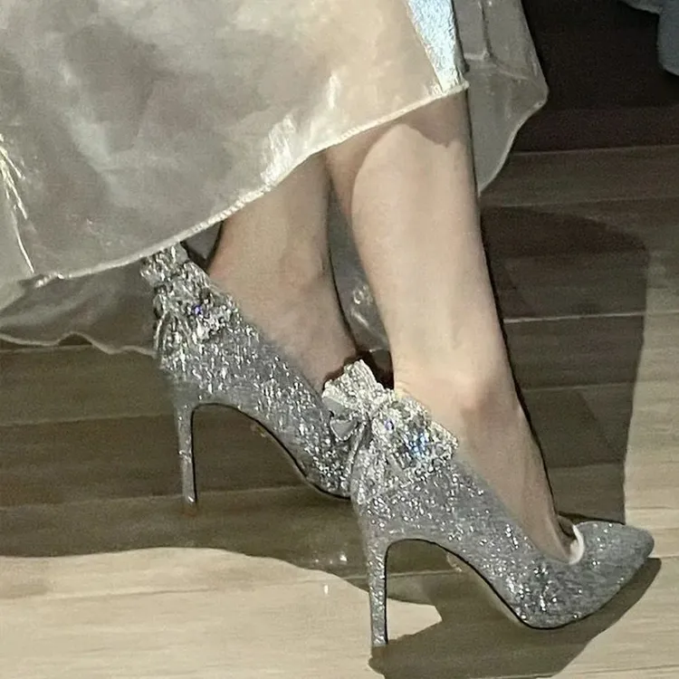 法式秀禾主婚纱两穿新娘婚鞋2025年新款水晶亮片伴娘高跟鞋女细跟