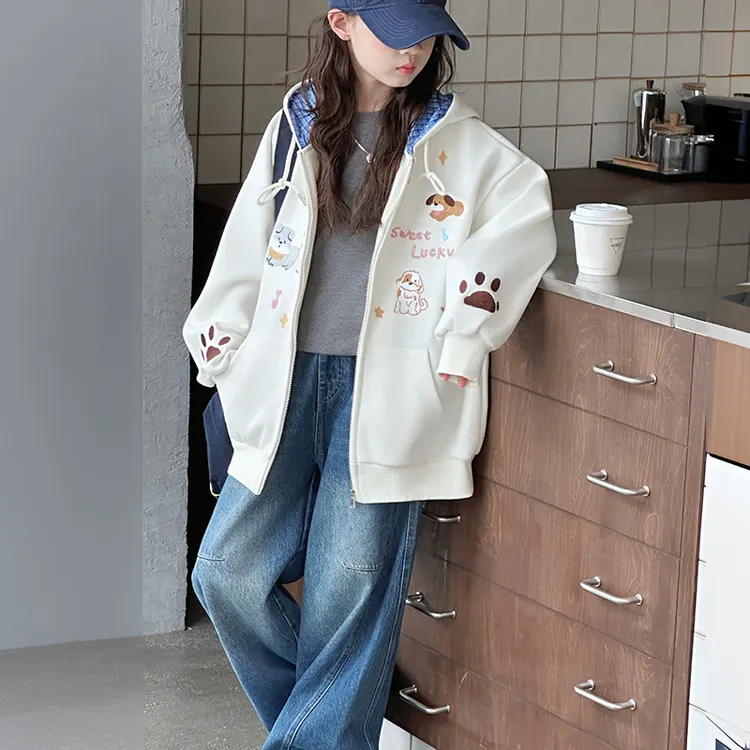 女童外套2025新款春秋装儿童洋气时髦中大童韩系连帽卡通格子上衣