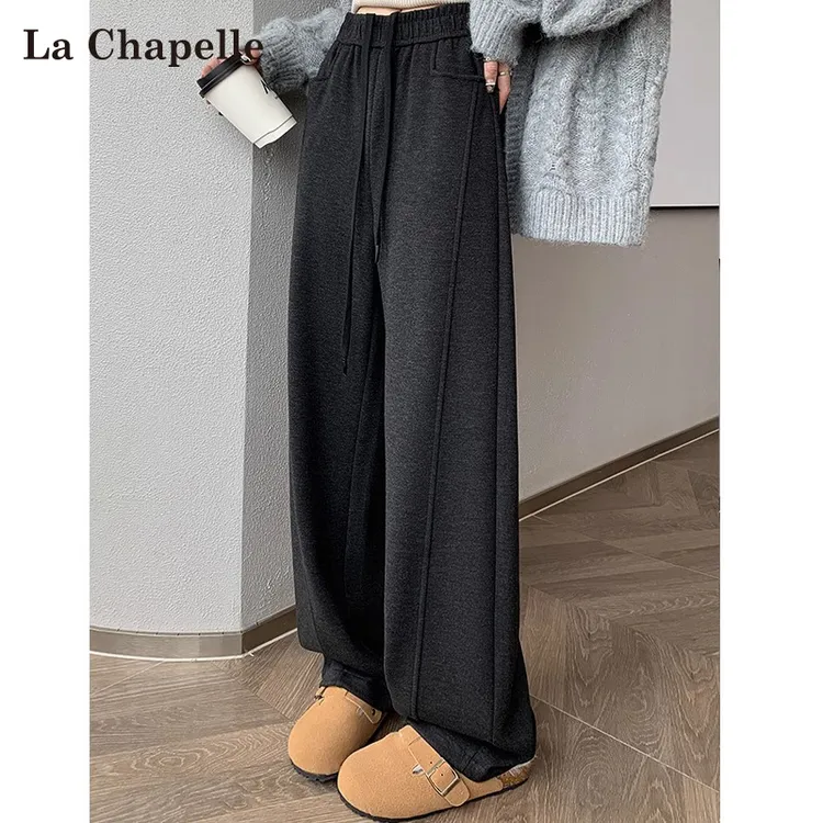 拉夏贝尔深灰色羊绒弯刀裤女秋冬季加绒加厚松弛感窄版香蕉阔腿裤
