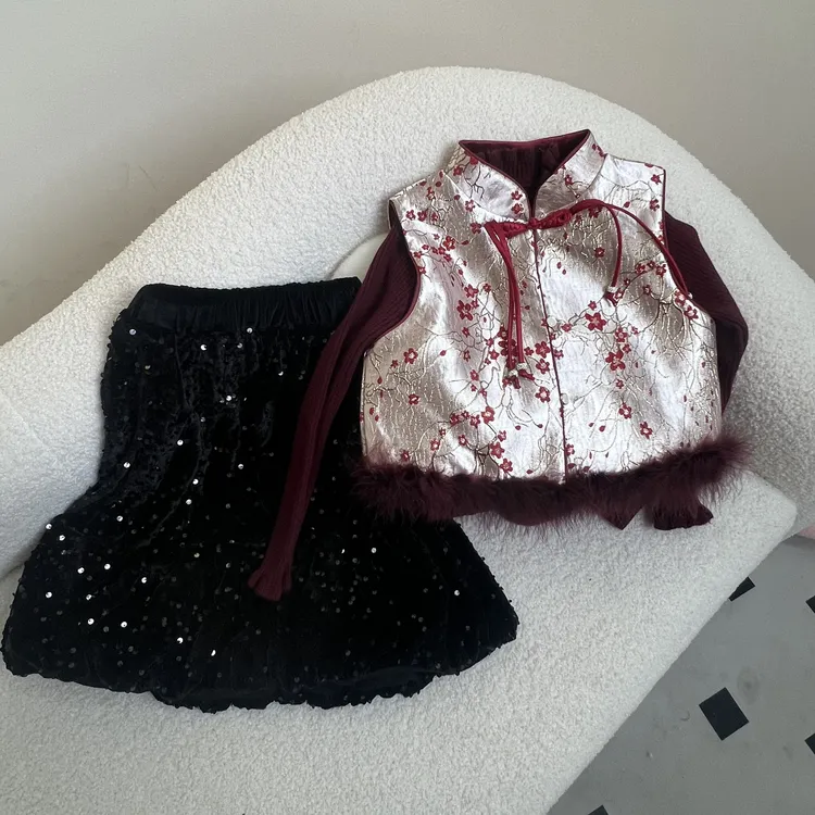 三件套 洋气时尚 复古 蕾丝 中国风 马甲+毛衣+裙子 拜年服过年穿