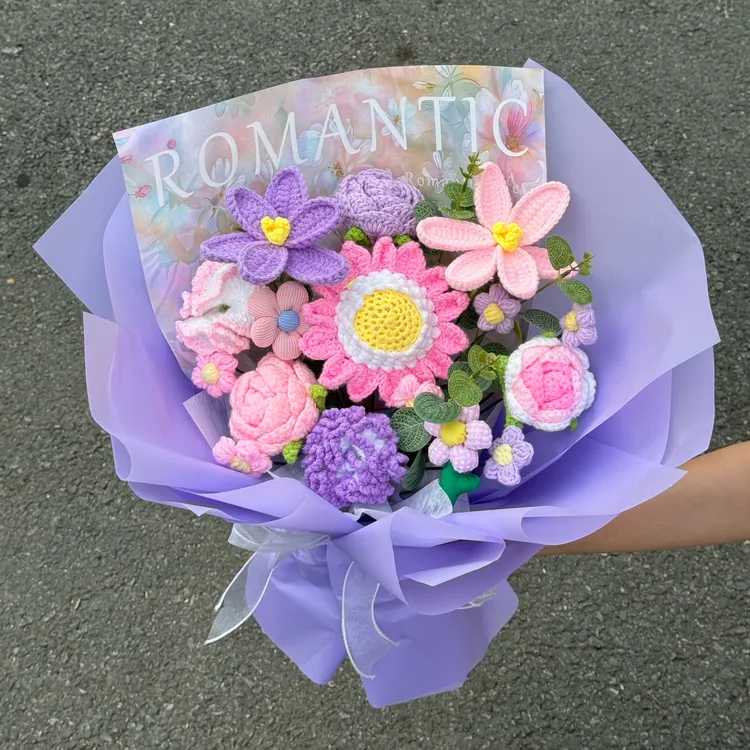 【紫雾星辰】紫色手工毛线向日葵花束送女朋友父母老师生日礼物 