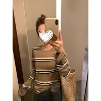 复古条纹针织衫女秋新款宽松休闲舒适百搭长袖上衣 60396