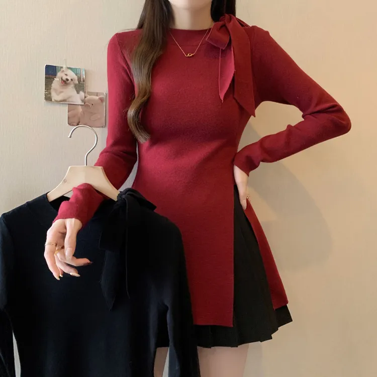 大码女装胖mm秋冬系带蝴蝶结开叉针织衫上衣气质收腰显瘦红色毛衣