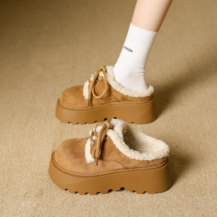 加绒保暖包头拖鞋女款2025冬季新款厚底圆头系带反绒皮无后跟棉鞋