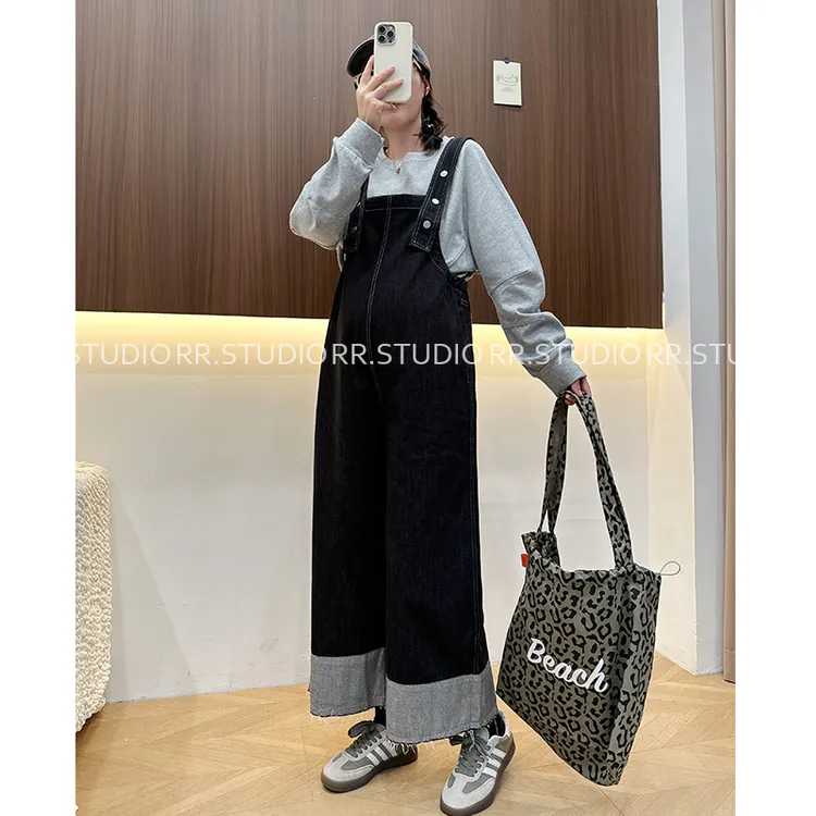 瑞瑞家孕妇秋装牛仔背带裤时尚宽松减龄大阔腿直筒裤子DY2372