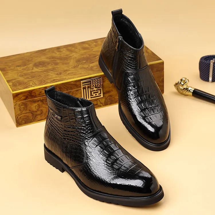 真皮鳄鱼纹切尔西靴男士加绒棉靴时尚英伦风高帮皮鞋男款雪地皮靴
