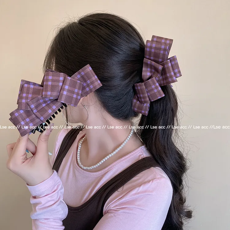 赵露思同款紫色可露丽格纹香蕉夹女发饰后脑勺发夹马尾夹竖夹头饰