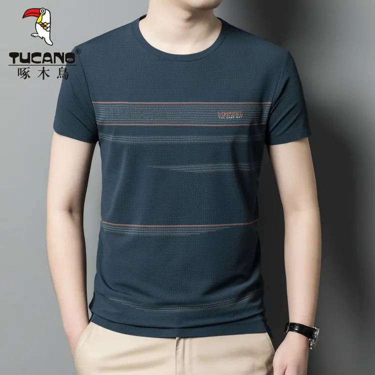 啄木鸟冰丝夏季新款男士短袖T恤圆领宽松百搭条纹休闲打底衫男