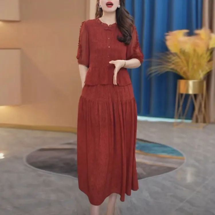 芙蓉丝高贵女装2025夏季新款时尚减龄遮肉拼接假两件短袖连衣裙子