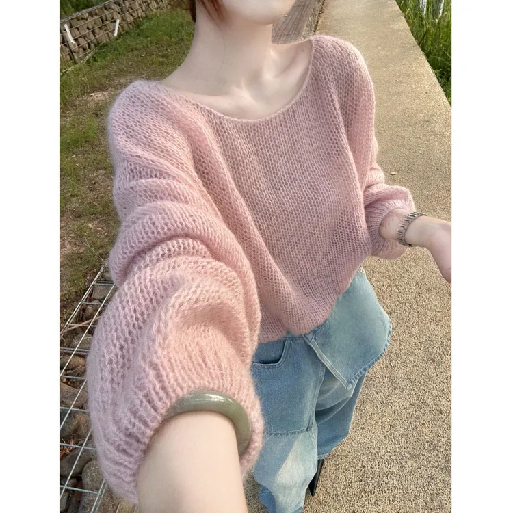 韩系马海毛羊毛慵懒感灯笼袖宽松显瘦套头毛衣