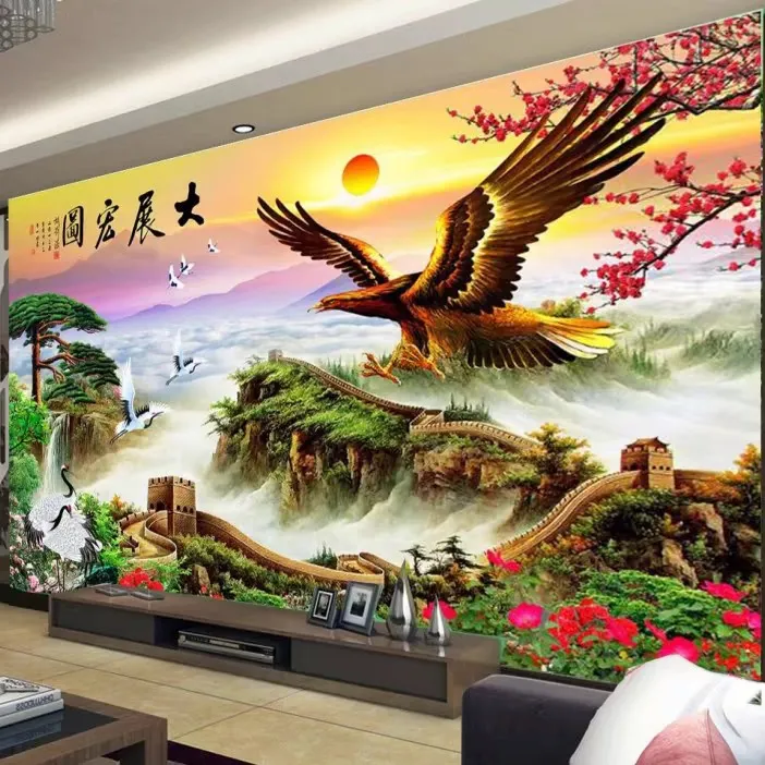 梦动新款万里长城大展宏图壁画旭日东升沙发山水8d立体壁布