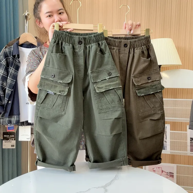 男童裤子秋季厚款洗褪砂炒工装裤中大童宽松纯棉休闲潮流裤迷彩