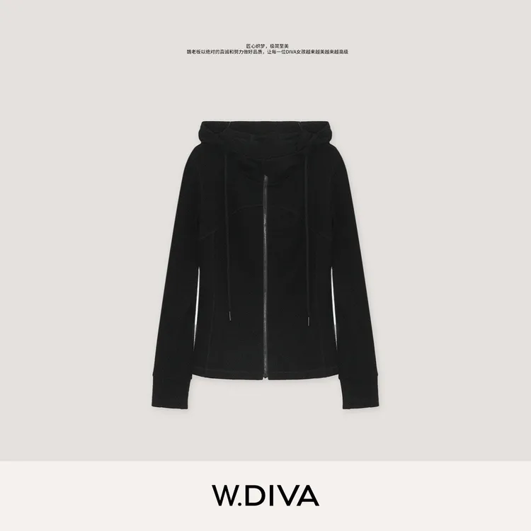 W.Diva【锋尚】桑蚕丝秋季针织卫衣运动休闲保暖连帽外套53Z242734