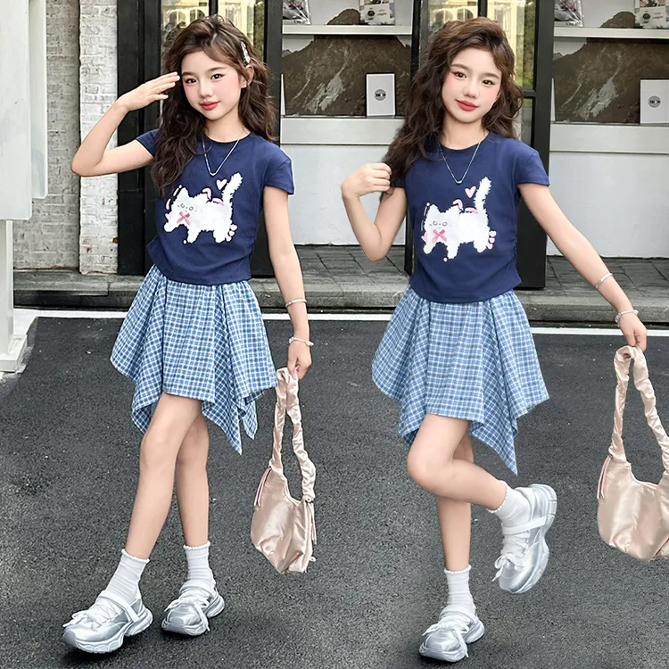 女童夏装连衣裙夏季2025新6-12岁大童女孩夏天不规则格子套装裙子
