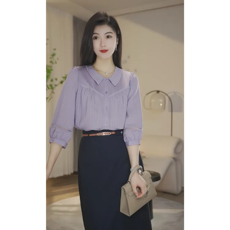 【小北甄选】欧若风8492419丁香紫小衫女职业纯色春夏时尚百搭