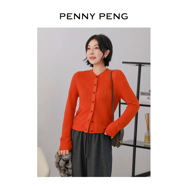 PENNYPENG 秋日暖橙 氛围感空气感柔软气质镂空针织羊毛开衫外套