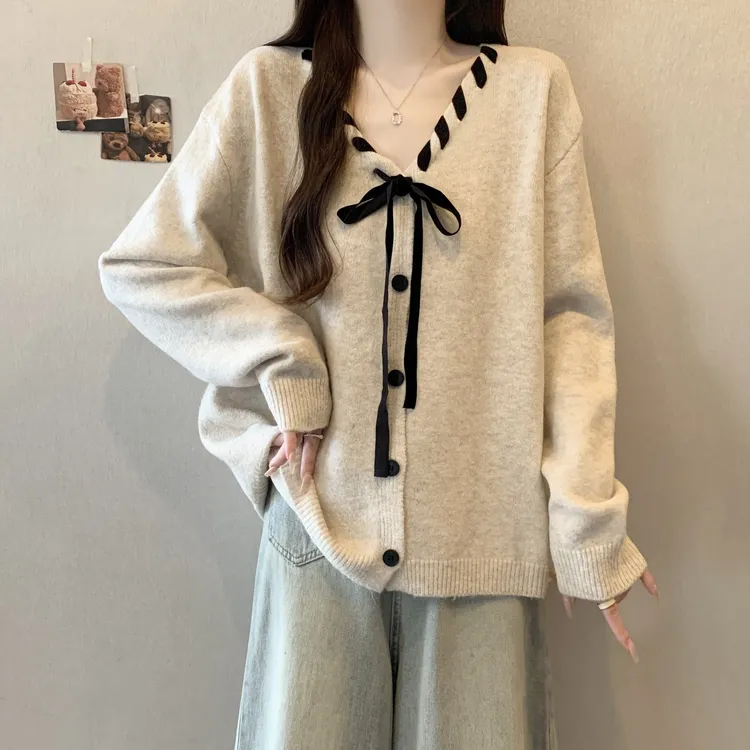 大码女装遮肚子蝴蝶结系带针织开衫春秋胖mm显瘦宽松毛衣打底上衣