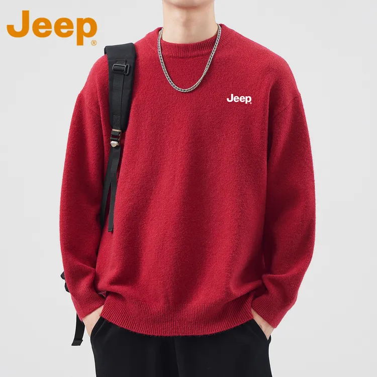 JEEP吉普美式重磅经典毛衣男款秋冬季红色宽松柔软打底衫针织上衣