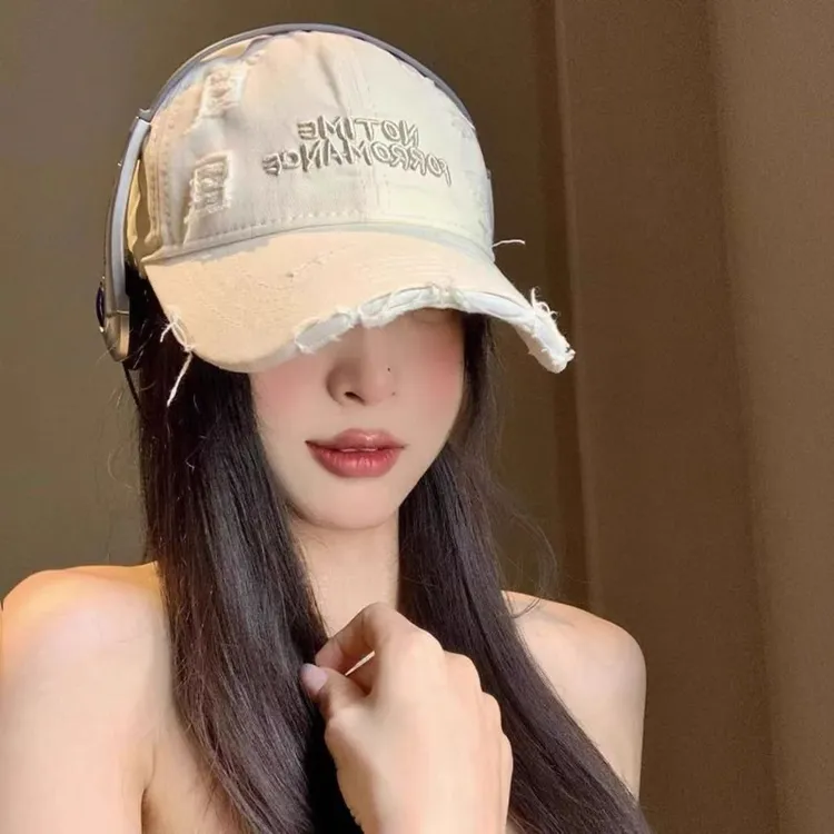 破洞棒球帽女韩版刺绣水洗棉鸭舌帽子显脸小加宽帽檐软顶防晒帽子