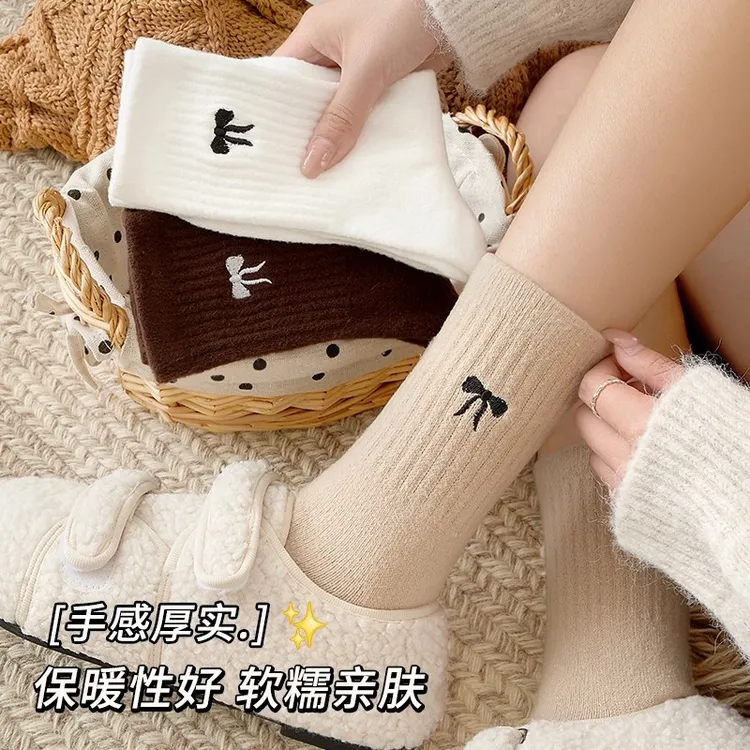 费尔岛风秋冬袜子女中筒袜加厚保暖少女蝴蝶结百搭学院风日系袜子