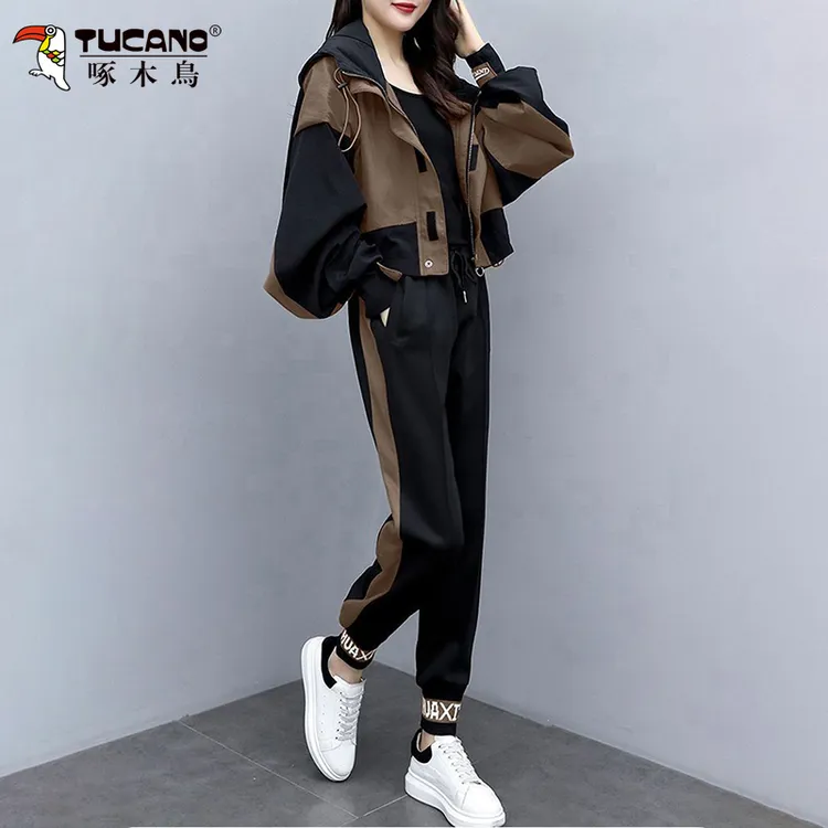 啄木鸟时尚休闲运动服一整套春秋新款连帽外套上衣长裤气质两件套
