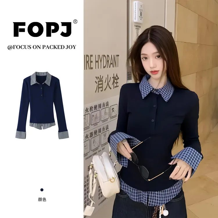 FOPJ学院风格子拼接POLO领假两件长袖t恤女春秋修身显瘦内搭上衣