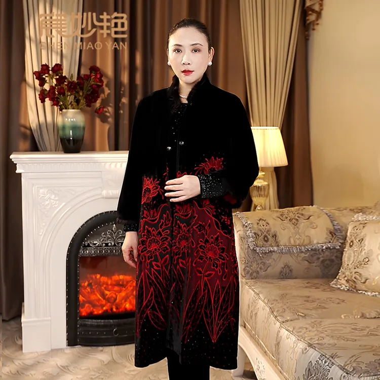 宸妙艳新款金丝绒外套中长款优雅时尚百搭大码妈妈装新中式风衣