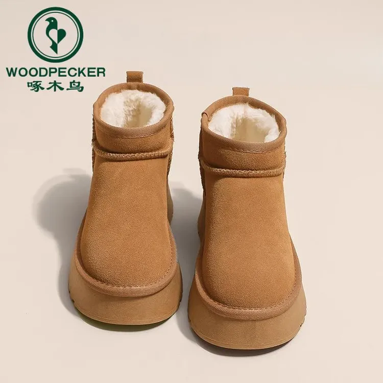 啄木鸟厚底雪地靴女冬季2025新款明星同款加绒厚增高保暖棉鞋外穿
