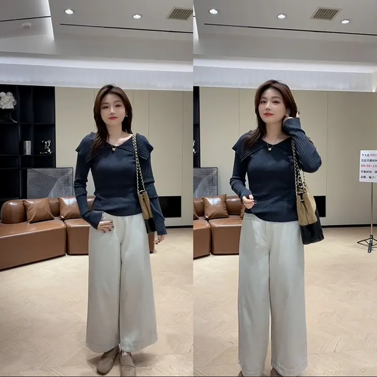 2025秋季新款设计感时尚小众翻领长袖针织上衣女休闲阔腿裤两件套