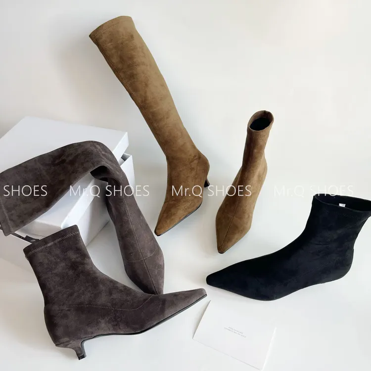 34-40码/跟高3.5cm/黑棕灰/气质尖头小猫跟弹力瘦瘦靴