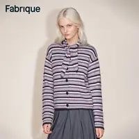 Fabrique Loli 银灰紫条纹绵羊毛山羊绒桑蚕丝圆领配围巾针织开衫