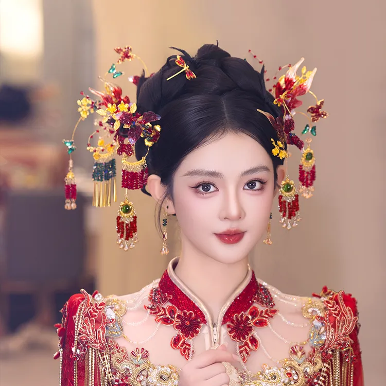 合金婚庆饰品 新娘手工头饰中式手工花朵发簪秀禾服结婚发饰D0630