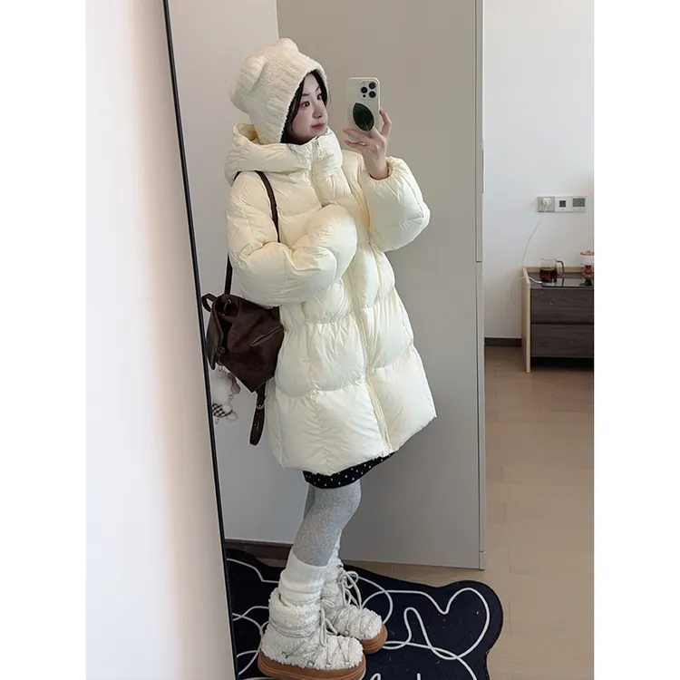 白色连帽羽绒服女中长款2025冬季新款小个子白鸭绒加厚面包服外套