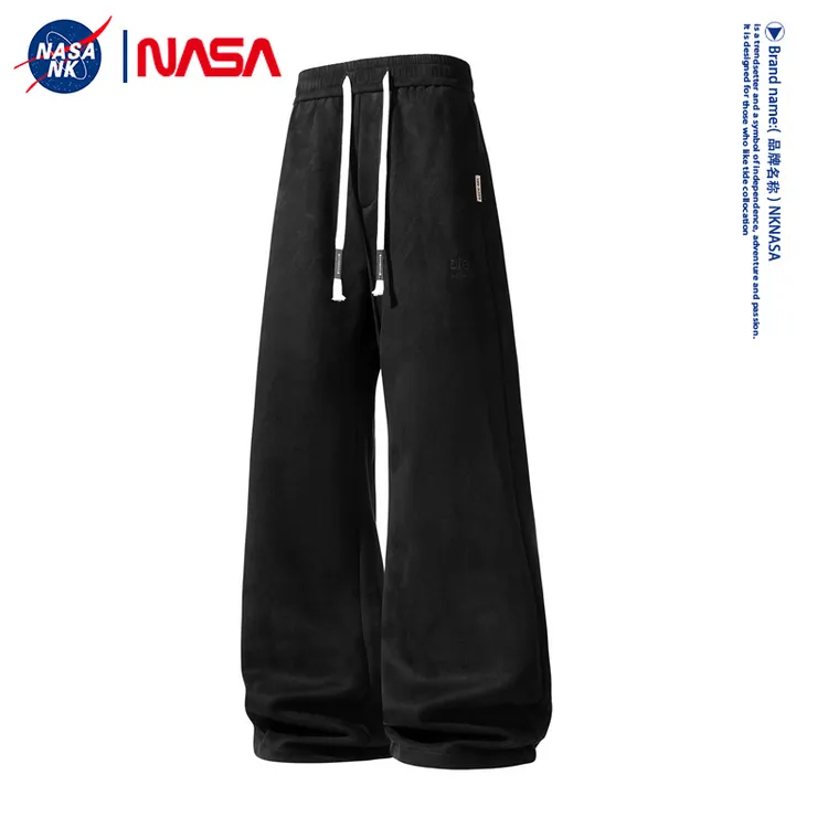 NASA联名仿麂皮绒松弛感运动裤男款秋冬季阔腿长裤重磅垂感直筒裤