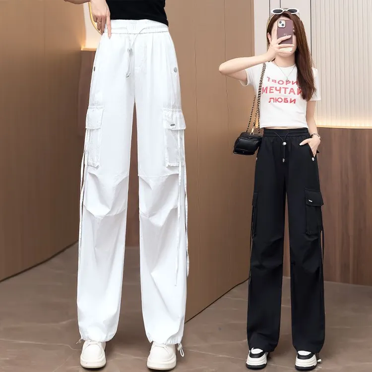 松紧腰美式弯刀工装裤女春夏季新款束脚直筒显瘦休闲运动香蕉裤子