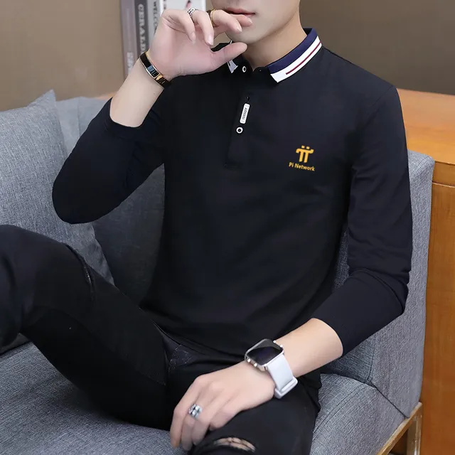 派币衣服棉polo衫男士长袖t恤 2023春秋中年休闲Pi币π男装体恤