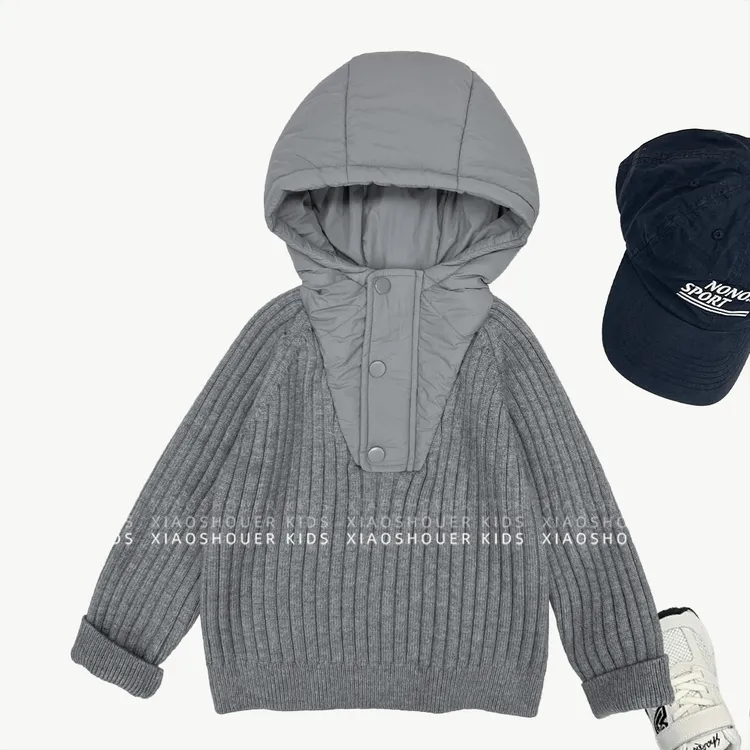 冬季【小暖炉】男女童韩版简约纯色套头拼接连帽针织毛衣HBB8314-1