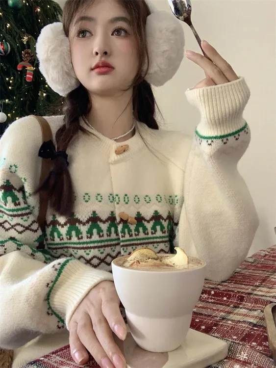 新年氛围感费尔岛毛衣开衫女秋冬软糯慵懒风牛角扣针织外套上衣春