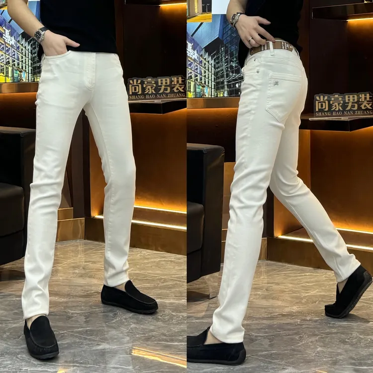 66583男士简约牛仔裤欧货经典轻奢白色小脚牛仔裤百搭韩版修身