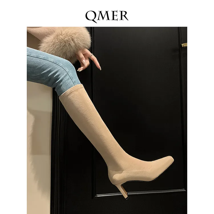 秋美儿小鸟腿瘦瘦弹力靴女粗跟高跟方头高筒长筒靴百搭绒面春秋款