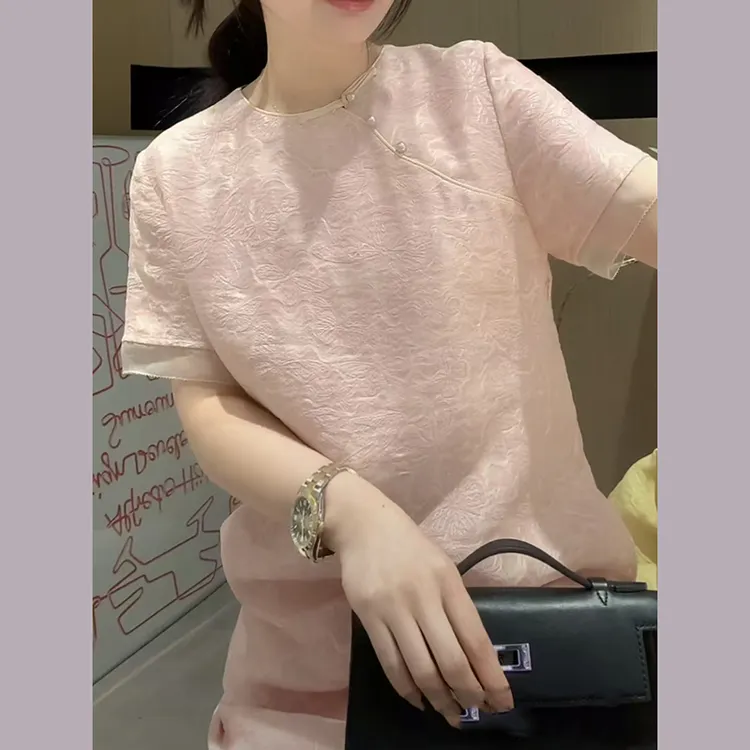 新中式国风女装粉色裙子2025夏季新款复古洋气衣服提花百搭连衣裙