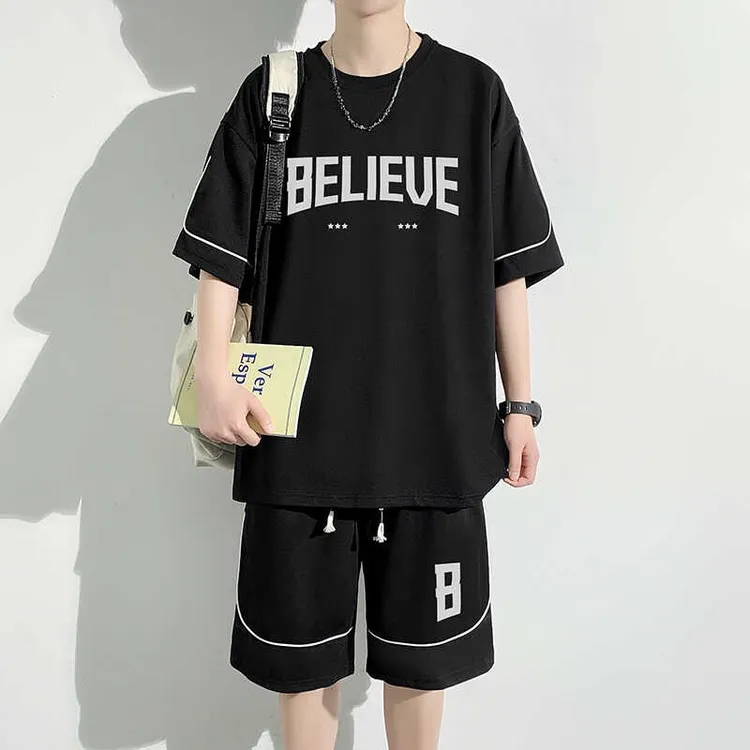 夏季短袖t恤男青少年休闲运动套装初中高中学生搭配帅气一套男装