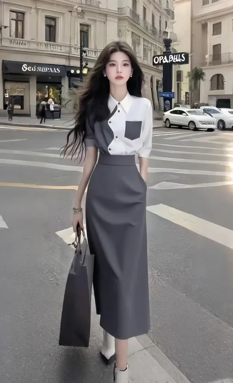 法式氛围感温柔风穿搭翻领不规则衬衫上衣+灰色长款半身裙女套装